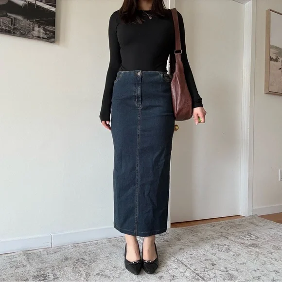 Y2K Dark Wash Denim Maxi Skirt Minimalist Vintage 2000s - Picture 3 of 4